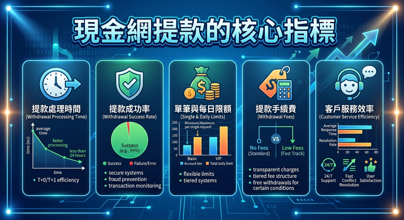這張圖表以科技藍為基調，主題為「現金網提款的核心指標」。 內容分為五大區塊，分別介紹提款處理時間、成功率、限額、手續費及客戶服務效率等關鍵數據。