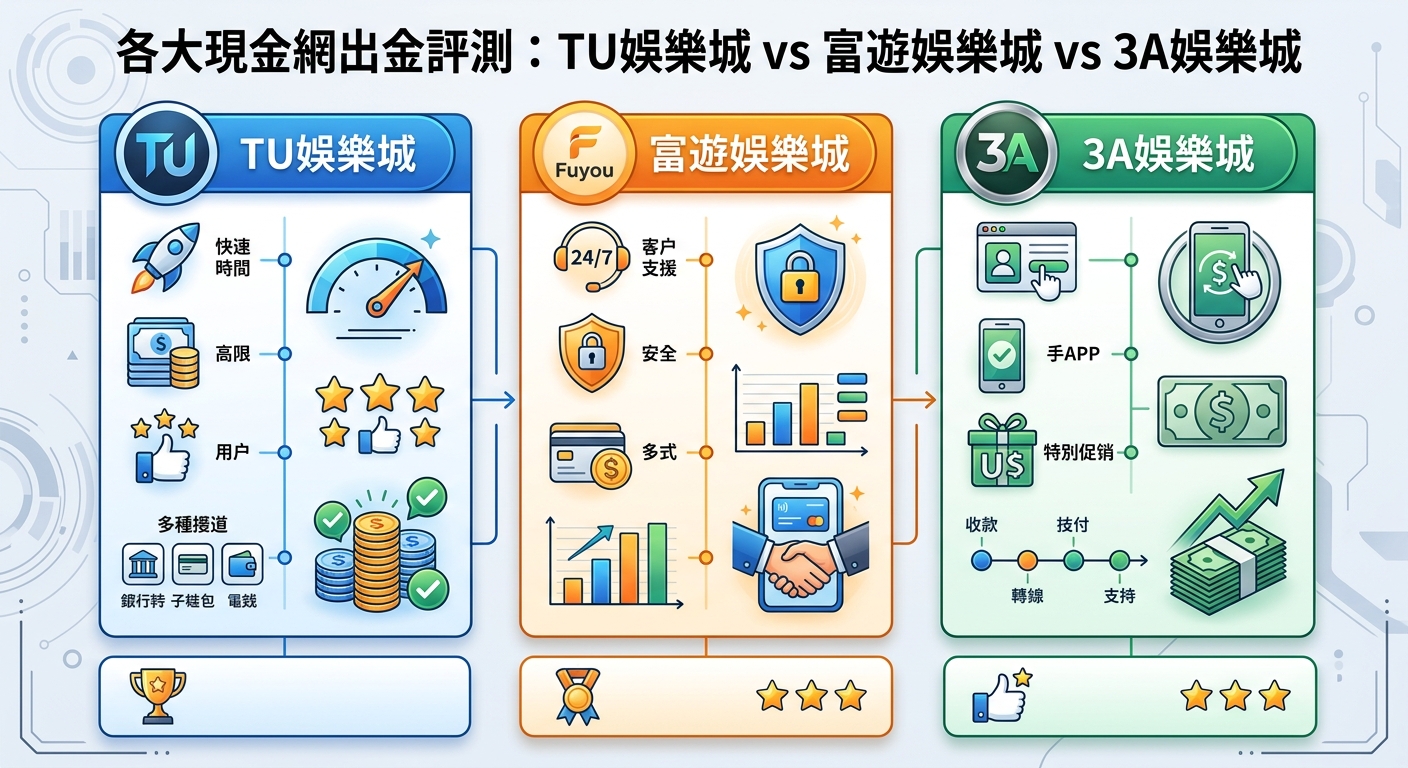 這幅圖表呈現「TU娛樂城」、「富遊娛樂城」與「3A娛樂城」三大平台的出金評測，上方標有清晰的繁體中文主題標題。 畫面以藍、橙、綠三色對比分欄，透過簡約圖示與數據指標，直觀展示各家在出金速度、安全性及服務體驗的綜合表現。